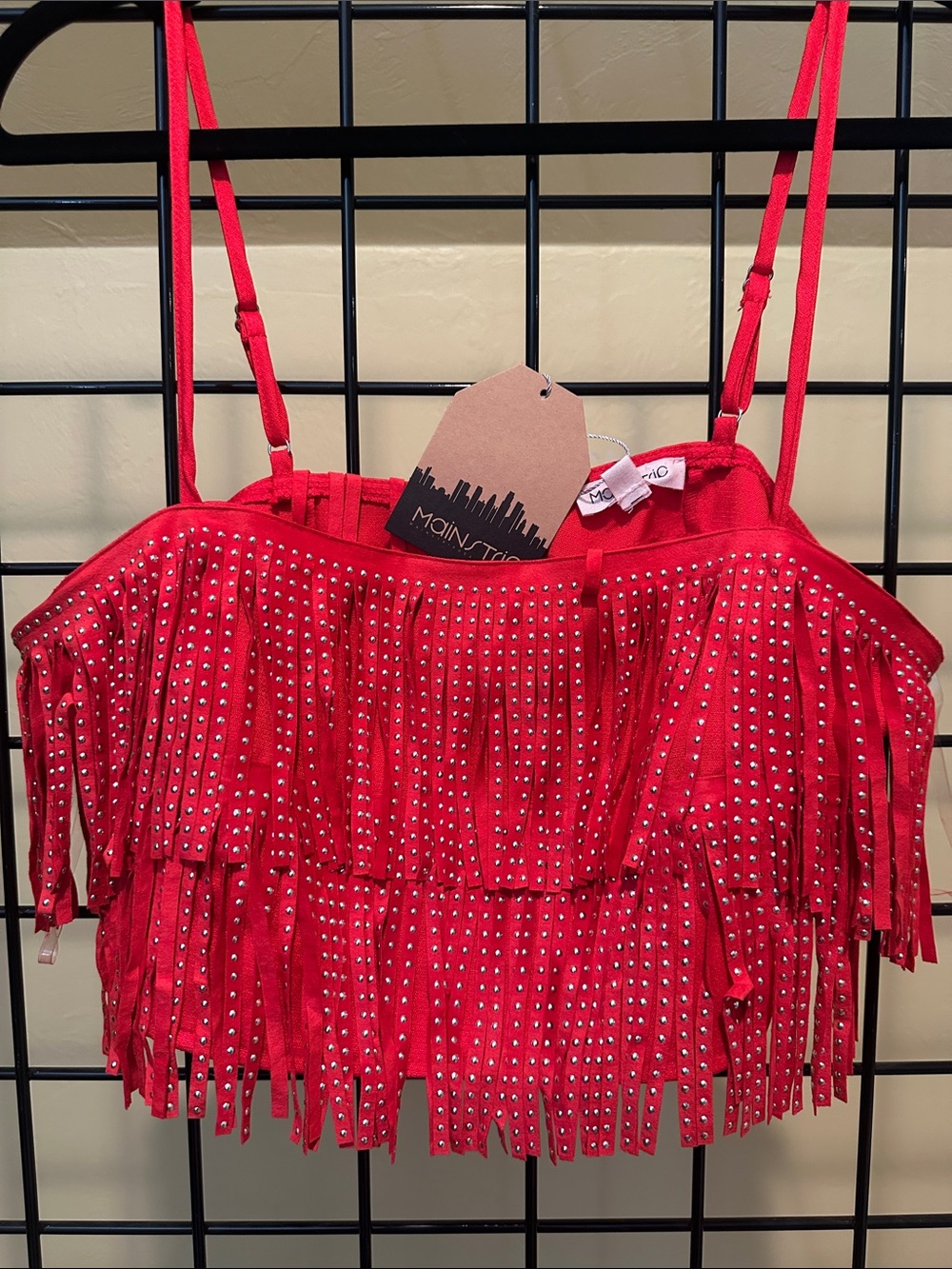 Main Strip Red Studded Fringe Crop Top
